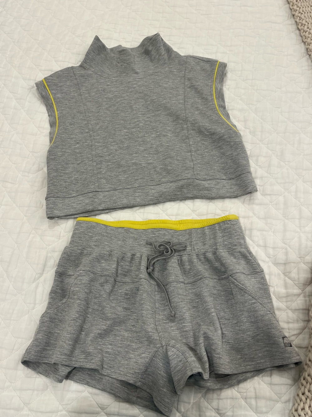Free People Daily Practice Gray Jogger Shorts and Tee Set with Yellow Trim